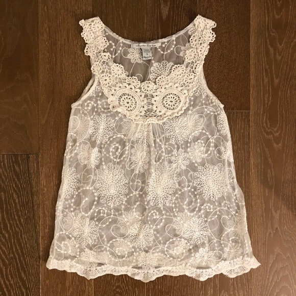 American Rag Tops - Cream Sheer Floral Lace Tank Top